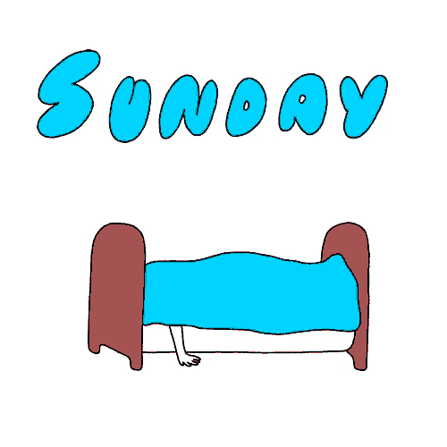 a cartoon of a person laying in a bed with the word sunday written above them