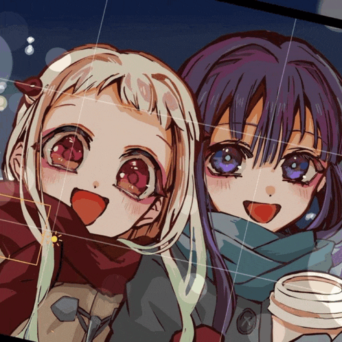 a couple of anime girls standing next to each other smiling