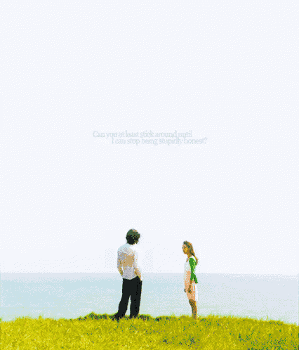a man and a woman standing in a grassy field with the words " can you at least stick around until "