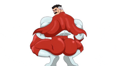 a cartoon of a man in a red and white superhero costume squatting down .