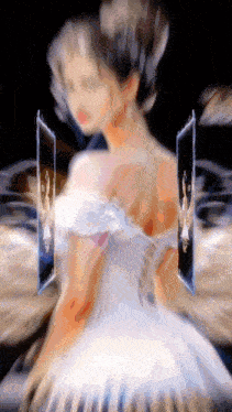 a painting of a woman in a white dress with two mirrors in front of her