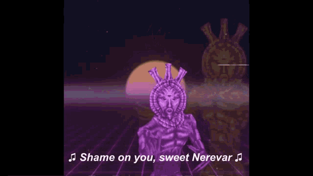 a purple and gold statue with the words " shame on you sweet nerevar "