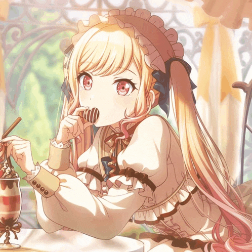 a girl with long blonde hair is eating a chocolate