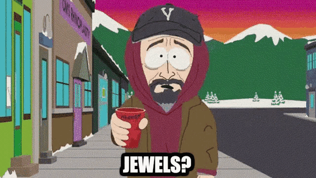 a cartoon of a man holding a cup with the words jewels written below him