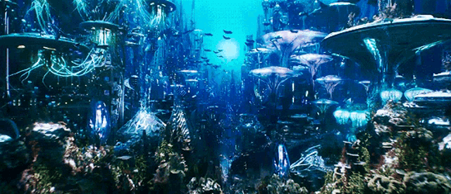 a coral reef with a lot of fish and mushrooms