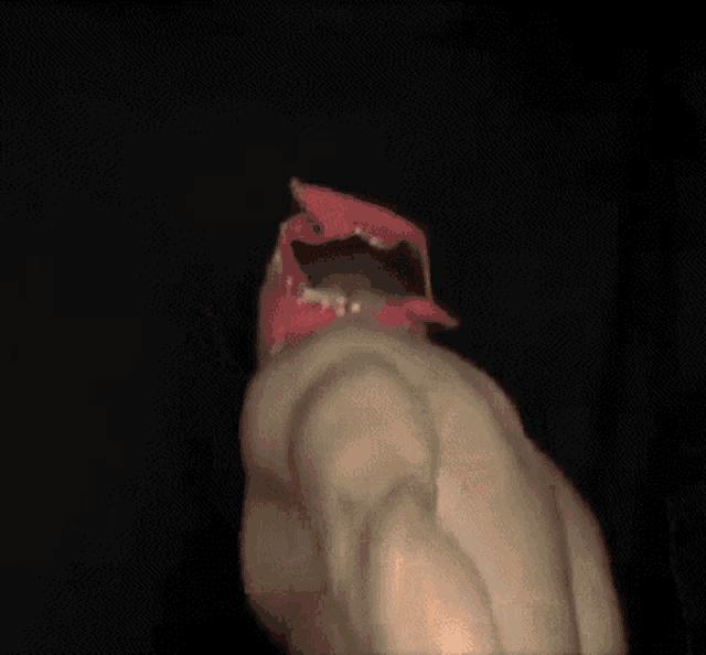 a shirtless man wearing a red hat is standing in the dark .