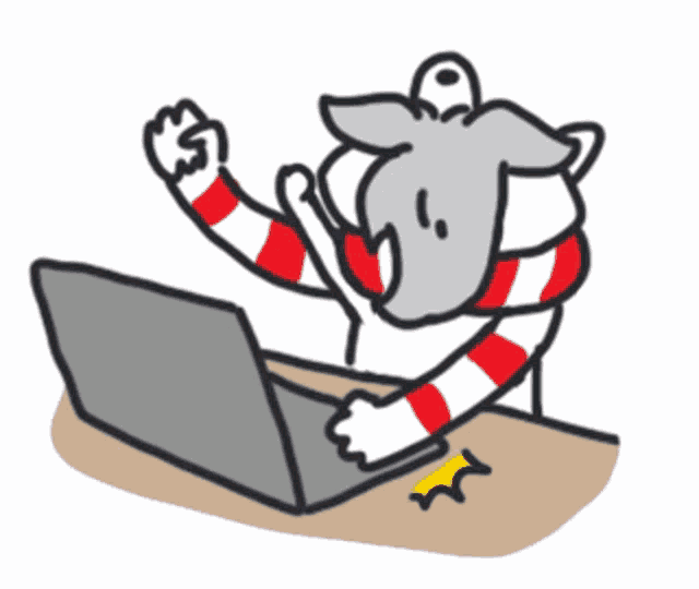 a cartoon drawing of a sheep wearing a red and white scarf using a laptop