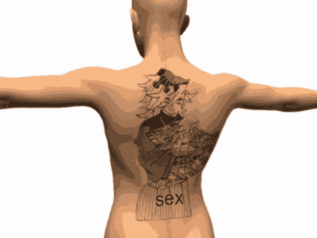 a man has a tattoo on his back that says sex on it