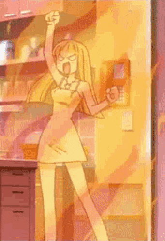 a cartoon character is standing in a kitchen with her fist in the air