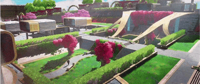 a painting of a garden with pink flowers and trees