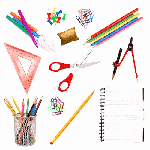 a variety of school supplies including scissors pencils and a ruler
