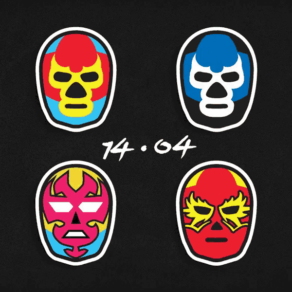 a set of four masks on a black background with the date 14 04