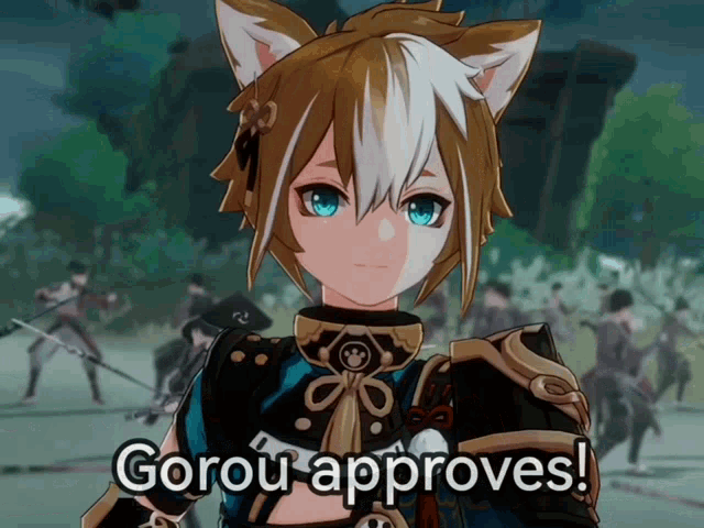 a cartoon character says gorou approves in front of a crowd