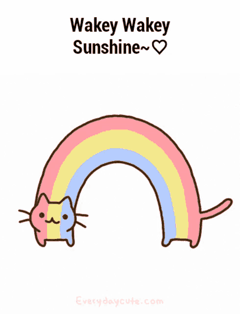 a cartoon cat with a rainbow behind it and the words wakey wakey sunshine