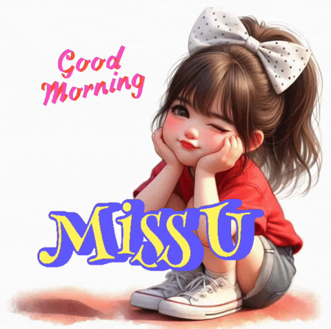 a little girl with a bow on her head is sitting on the ground with the words good morning missu written above her