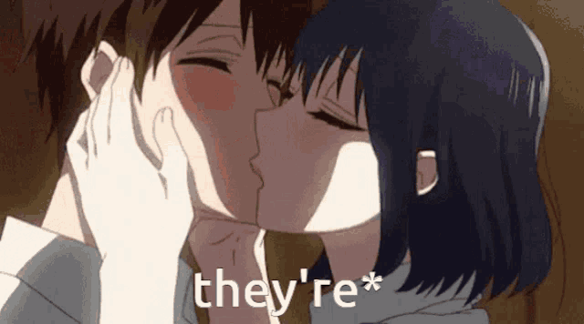a man and a woman are kissing with the words they 're * written below them