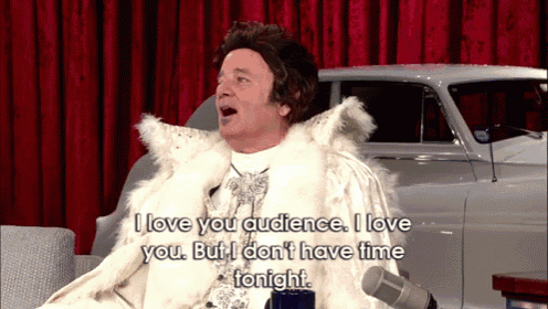a man in a fur coat says i love you audience i love you but i don t have time tonight