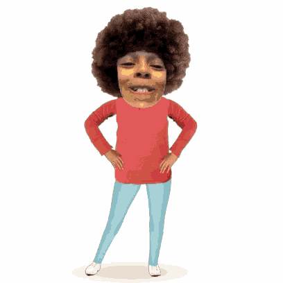a woman with a big afro is wearing a red shirt and blue jeans