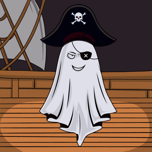 a ghost wearing a pirate hat with a skull and crossbones on it