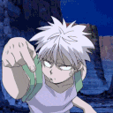 a cartoon character with white hair and glowing eyes is pointing