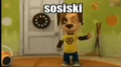 a cartoon dog is standing in front of a door and saying sosiski .