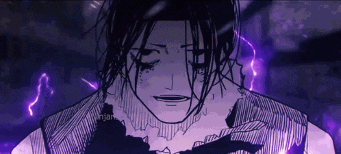 a black and white drawing of a person with purple lightning in the background