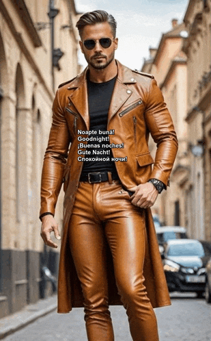 a man wearing brown leather pants and a brown leather jacket stands on a street
