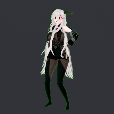 a woman with long white hair and horns is standing in a dark room