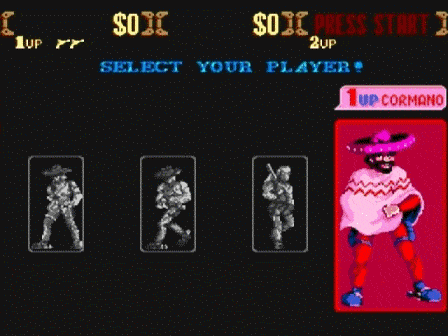 a video game screen shows a man with a gun and says select your player
