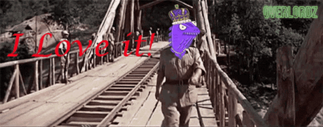 a cartoon of a man walking across a bridge with the words i love it on the bottom