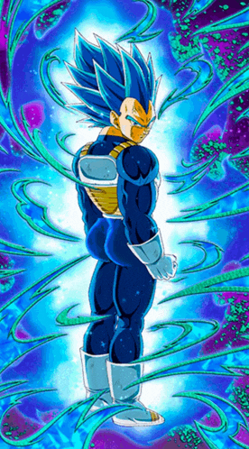 a cartoon character with blue hair is standing in front of a purple and blue background .