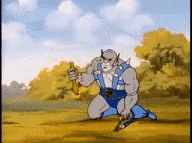a cartoon character is kneeling down and holding a stick