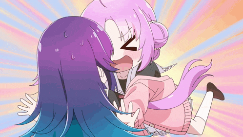 a girl with purple hair is being held by another girl with blue hair