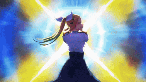 a girl with a ponytail is standing in front of a yellow and blue background