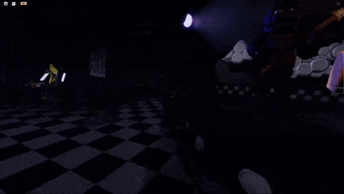 a roblox character with a party hat and a mustache is standing in a dark room .