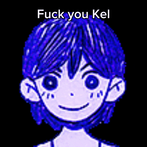 a cartoon character with blue hair and the words fuck you kel