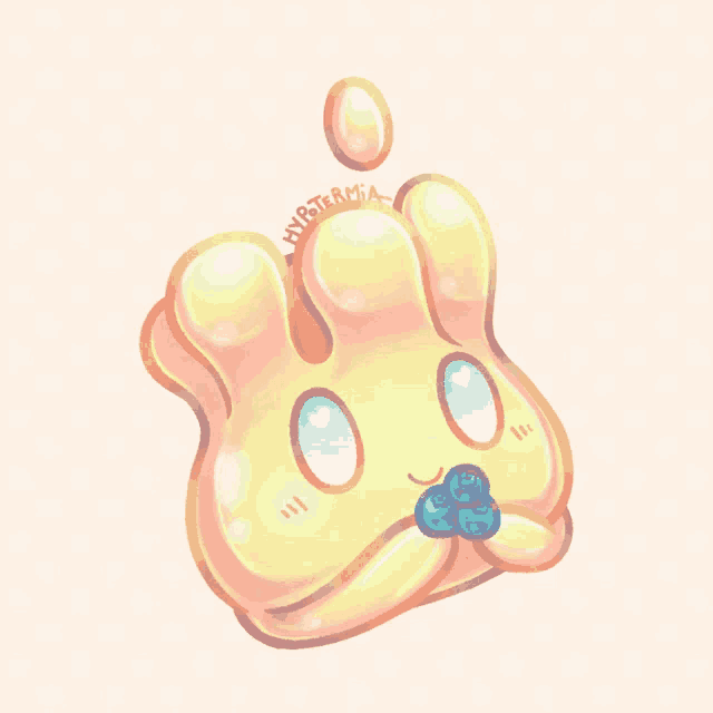 a drawing of a yellow bunny with a blueberry in its mouth and the name nvbtrmia written on the bottom