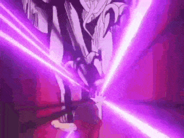 a person is standing in a dark room with purple lights coming out of their hands .
