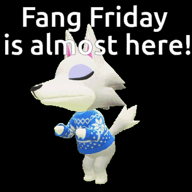a picture of fang friday is almost here with a white wolf wearing a blue sweater
