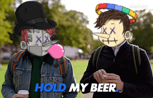 a cartoon of a man blowing a pink bubble gum and another man holding a cup of coffee says hold my beer
