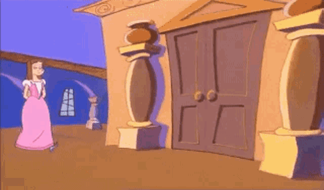 a cartoon of a woman in a pink dress standing in front of a doorway