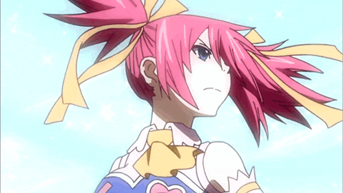 a girl with pink hair and a yellow ribbon around her neck