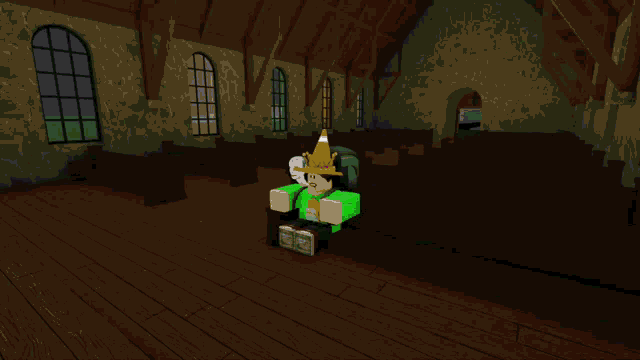 a room with a green brick wall and a picture of peter griffin on the wall