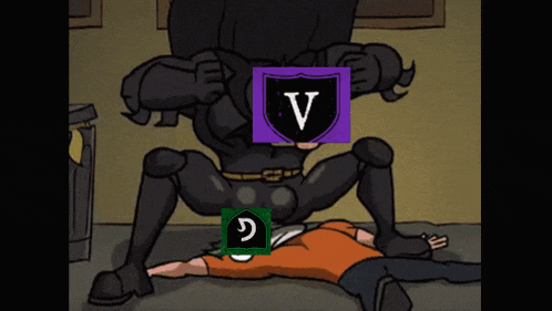 a cartoon of a man laying on the ground with a shield that says v on it