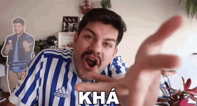 a man with a mustache is wearing a blue and white striped adidas shirt .