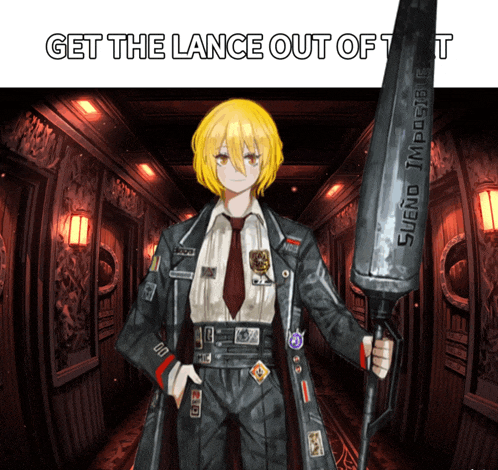 a picture of a man holding a large sword with the words get the lance out of t