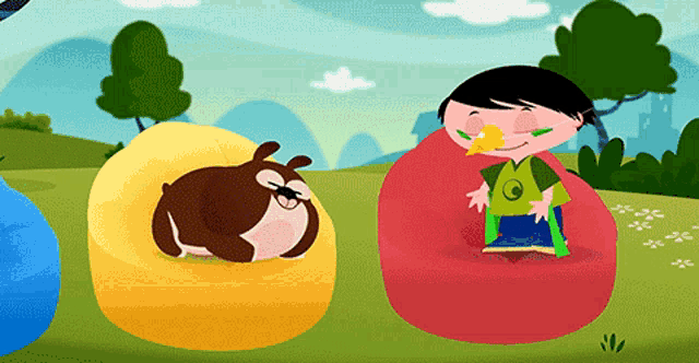 a cartoon drawing of a boy sitting on a bean bag chair