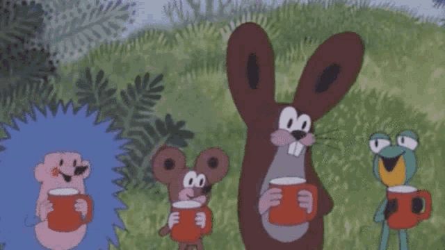 a group of cartoon characters including a frog and a hedgehog are standing in the grass