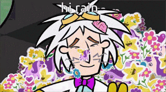 a cartoon of a man with a brain in his hair is surrounded by flowers and says hi rain