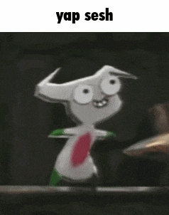 a cartoon character with horns and a red tie is standing in a dark room with the words yap sesh above him .